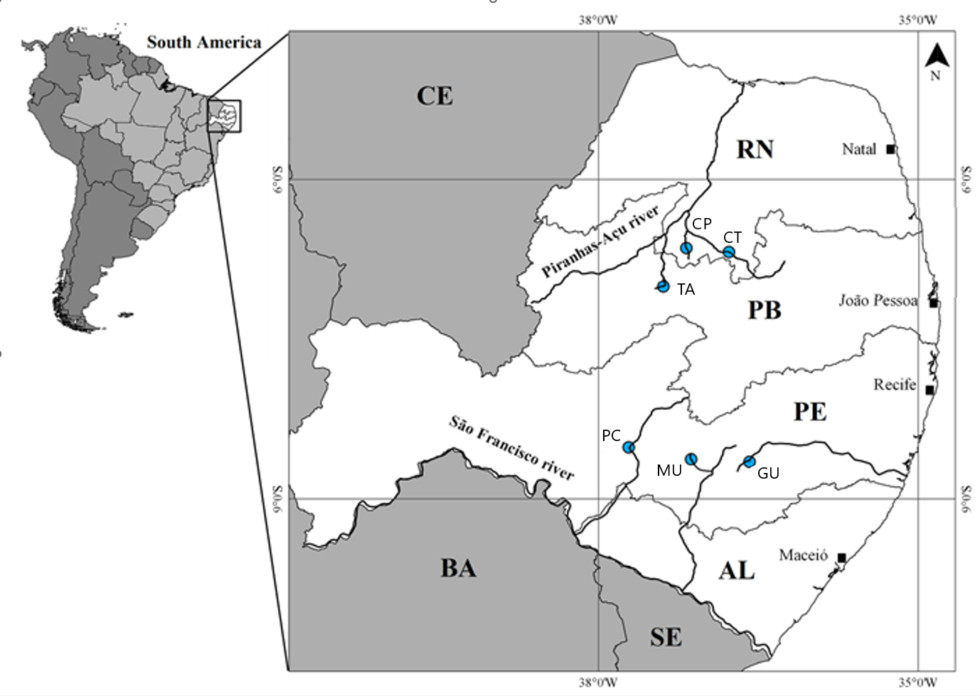 Área de estudo mostrando os estados do Rio Grande do Norte (RN), Paraíba (PB), Pernambuco (PE) e Alagoas (AL), principais sistemas fluviais e pontos de amostragem na região semiárida do Brasil. TA, açude Recanto; CP, riacho Cipó; CT, riacho Catureré; PC, riacho Poço da Cruz; MU, açude Mulungu e GU, açude Gurjão.