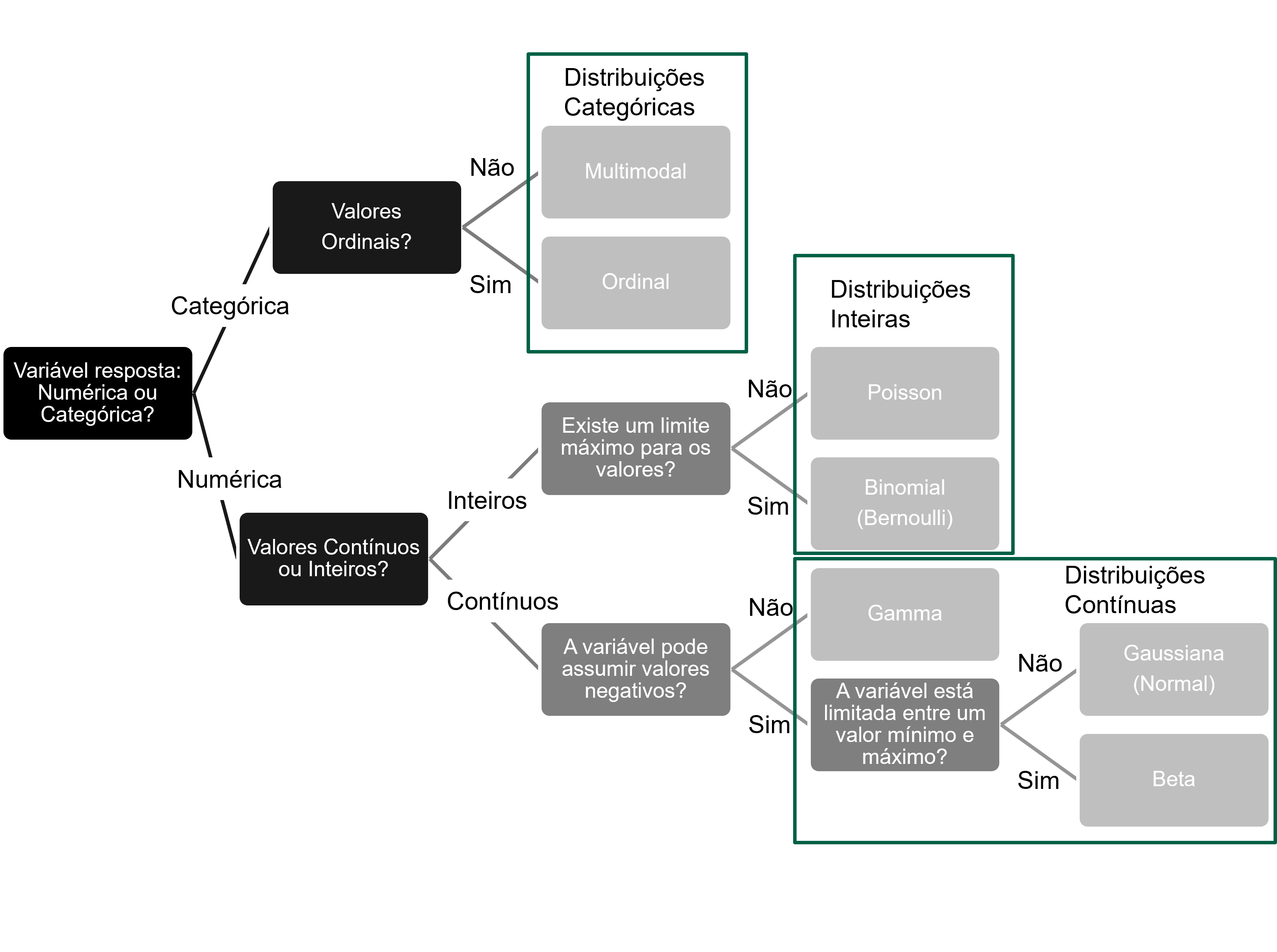 Tipos de distribuição em relação a variável resposta em GLM's (Adaptado de Davies, B.F.R. em 2026. Fonte: <https://bedeffinianrowedavies.com/>).